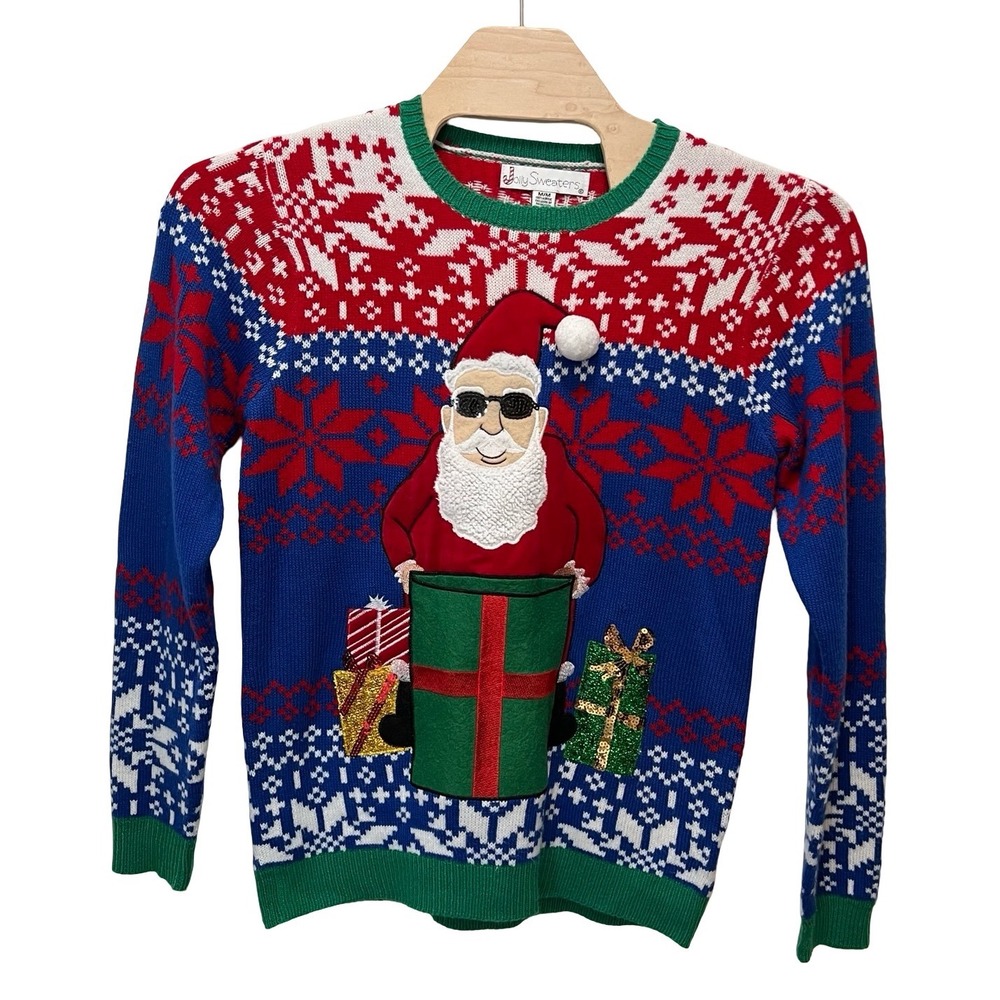 Jolly Sweaters Santa Sunglasses 3D Pocket Christmas Sweater Blue Mens Medium